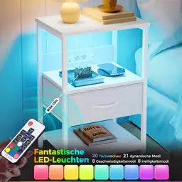 LED Nachttisch mit Ladestation & 1 Stauraum Schublade - Kleiner Nachttisch mit Doppelstecker & 2 USB - Schlanker Nachttisch für Schlafzimmer, Wohnzimmer, Sofa, Couch