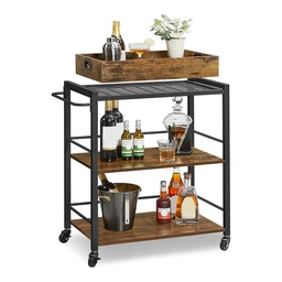 VASAGLE Servierwagen mit Abnehmbarem Tablett, Abschließbarer Küchenwagen mit Universalrädern, 65 x 40 x 86 cm, Vintage Dunkelbraun