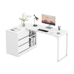 Tribesigns Desk, L Shaped Computer Desk with Drawers and Shelves, Reversible White Corner Desk with Storage Cabinet, Modern Work Table for Home Office, Bedroom