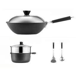 COOKER KING Super-Topf-Set - 4,5L Wok aus reinem Eisen + 3L Alu-Eintopf-Topf + 304 Edelstahl-Dampfkorb + 2 Topflappen