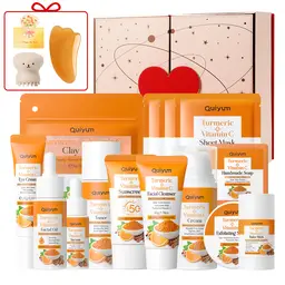 QUIYUM    New Year Gift Turmeric Vitamin C Skincare Set (16pcs) - Turmeric Soap 100g, Scrub 100g, Toner 100ml, Serum 17ml, Eye Cream 20g, Face Cream 30g, Face Mask 25g×3, Serum Oil 30ml, Moisturizing Stick 40g, Facial Cleanser 50g, Sunscreen 50g, Mud Mask 5g×12, with Facial Scraper, Octopus Facial Cleansing Brush, Valentines gift