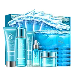 QUIYUM 8 Glasses of Water Skincare Set (20pcs): Cleanser 100g, Toner 100ml, Serum 30ml, Eye Cream 20g, Face Cream 55g, Facial Mask 25g x 5, Eye Mask 6g x 5, Lip Mask 6g x 5, Valentines gift