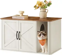 Feandrea Table d’Appoint 80 x 50 x 55 cm avec Bac à Litière pour Chat et Tapis Griffoir, Pieds Hauts, Blanc & Or, PCL012K01