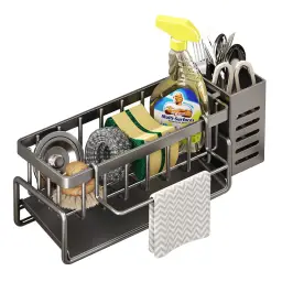 Maxcook Grijze sponshouder voor keukengootsteen, gootsteenorganizer met hoge borstelhouder MCZW5554
