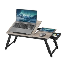 SONGMICS Laptop Table for Bed, Laptop Stand, Angle and Height Adjustable, Folding Legs, for Laptops up to 15.6 inches, Work, Reading, Breakfast, Bamboo Legs, Drawer, Mottled Greige
