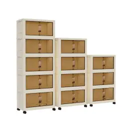 ochama x J.ZAO Lagerboxen mit Deckel - 3-stufige stapelbare Kunststofflagerboxen, modulares Design mit Rädern, Montagefreier Lagerregal, magnetische Montage, Doppel-Tür-Boxen - Für Schlafzimmer, Wohnzimmer, Arbeitszimmer, Büro, 45 cm Breite