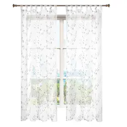 WOLTU 2 x Vorhänge mit Schlaufen Blumenmuster Transparente Gardinen mit Schlaufen in Leinenoptik Dekor für Wohnzimmerfenster, Leicht und Luftig, Voile, 140x225 cm, Grau