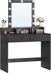 VASAGLE Schminktisch mit LED-Beleuchtung, verstellbarer Helligkeit, Spiegel, 2 Schubladen & 3 offenen Fächern, modern, Schwarz