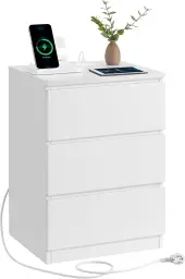 VASAGLE Nachttisch, 2er Set, Beistelltisch, 3 Schubladen, abgeschrägte Kante, 2 AC-Steckdosen, 2 USB-Anschlüsse, Wohnzimmer, Schlafzimmer, Arbeitszimmer, modern, wolkenweiß LET831W14