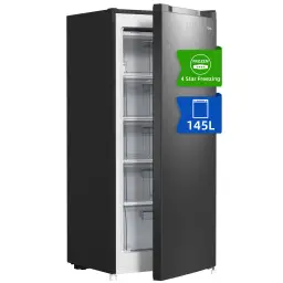 CHiQ Upright Freezer, 145L, Energy Class E, Fast Freezing, 5-Level Adjustable Thermostat, Ultra-Quiet, Large Drawer, 12-Year Compressor Warranty, Black, Compact Design, H1250 x W540 x D550 mm FSD140D4EU