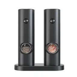 Cuisync Electric Salt and Pepper Grinder Set with Base-- Automatic Pepper Mill Grinder with LED Light, One-Hand Operation for Kitchen Gadgets(2 Pack,Black)，KYMQ-14-BS（need 4 AAA battery）