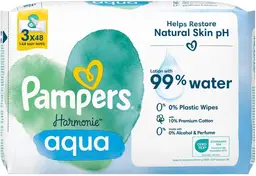 Pampers Harmonie Aqua Baby Wipes Plastic Free 3 Packs of 48 Wipes = 144 Baby Wet Wipe