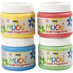KREUL 28400 - Mucki Stoff-Fingerfarbe, 4 x 150 ml Gelb, Rot, Grün, Blau, leuchtkräftige Farben auf Wasserbasis für Kinder ab 2 Jahren