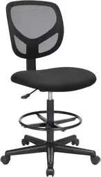 SONGMICS Zeichenstuhl aus Netzstoff, höhenverstellbar und mit Fußstütze, drehbarer ergonomischer Malerstuhl, Bürostuhl ohne Armlehnen, Stoffsitz, Tragkraft 120 kg, Schwarz