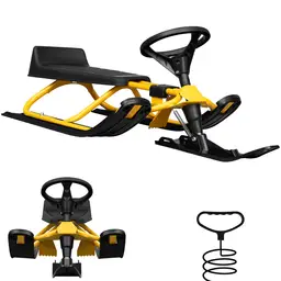 Laneetal Lenkschlitten für Kinder ab 5 Jahren, Schlitten mit Lenkrad, Fußbremse, Zugseil, Sitz mit Rückenlehne, Metallrahmen, 119x38x50,5 cm, Schwarz+Gelb
