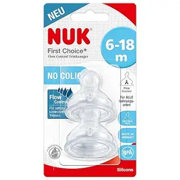 NUK First Choice+ Flow Control Baby Bottle Teats | 6-18 Months | Anti-Colic Valve | BPA Free | Pack of 2