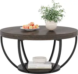 Wooden Coffee Table, 2-Tier Round Central Cocktail Table with Shelves