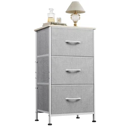 WLIVE Stoff-Kommode mit 3 Schubladen, Kommode für Schlafzimmer, Wohnzimmer-Kommode mit stabilem Stahlrahmen, Holzoberfläche, hellgrau
