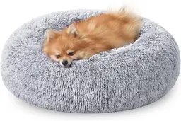 FEANDREA PGW038G01 Plüsch Hundebett, Katzenbett, Donut-Kissen, waschbar, abnehmbare Polsterung in der Mitte, langer Plüsch, 60 cm Durchmesser, Ombre-Grau