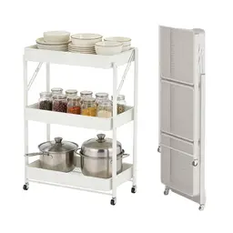 ochama x J.ZAO Opvouwbare Keukentrolley 3 Lagen, 30*45*77cm, Metalen Serveerwagen Zonder Montage, Mobiel Keukenrek met Wielen, Multifunctionele Opbergtrolley voor Woonkamer, Wit