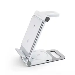 Rexsun 3 in 1 Foldable Wireless Charging Station, Aluminum Alloy Wireless Charger Stand for Multiple Apple Devices - Travel Size for iPhone, Apple Watch, AirPods, Adapter Not Included, T8, Silver-white