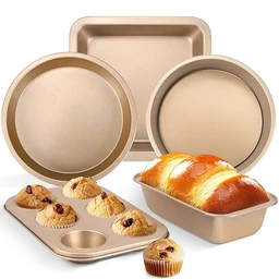 BJ Backwerkzeug, Kuchenform, komplettes Set bestehend aus Pizzateller, Toastform, Mafen-Kuchenofenform, goldfarbenes 5-teiliges Set