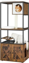 Arbre à chat Feandrea, Poteau à griffer, Maison à chat avec compartiment à litière, Support de bol surélevé, Poteau en sisal, Tapis lavables, Brun vintage