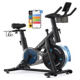 Vélo d'entraînement magnétique MERACH avec pédalier à frein silencieux / Vélo d'entraînement à domicile avec écran LCD amélioré, Vélo de spinning intérieur avec support pour haltères, support pour tablette, application dédiée, charge maximale jusqu'à 122 kg.