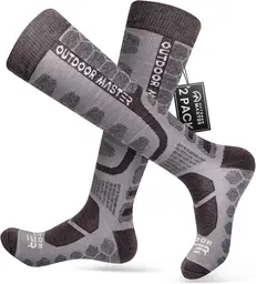 OutdoorMaster Lot de 2 paires de chaussettes de ski en laine mérinos à compression gris foncé - Taille L