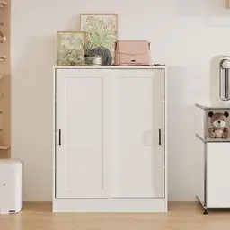 Caldion Moderner Weißer Schuhschrank mit Schiebetüren, Verstellbare Regale, Schwarze Griffe, Platzsparendes Design, Schuhaufbewahrung