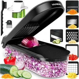 Vivreal Groentesnijder & Slicer – 6-in-1 Mandoline Snijder met roestvrijstalen messen, BPA-vrij, 1,2 L grote container, veilige uienhakker met vingerbeschermer en reinigingshulpmiddelen – Zwart