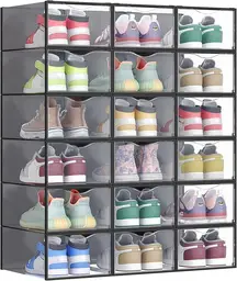 SONGMICS Schuhboxen, Schuh-Organizer aus Kunststoff, mit Tür, durchsichtig, 18er Set, stapelbar, einfache Montage, 33,2 x 23 x 14,5 cm, für Schuhe bis Größe 43, transparent-tintenschwarz LSP318B01