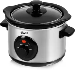 SWAN 1.5 Litre Slow Cooker - 120W, Stainless Steel, Glass Lid, with 3 Heat Settings, SF17010N