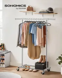 Porte-vêtements robuste avec roulettes, capacité de charge jusqu'à 90 kg, avec tige à vêtements escamotable, étagère pliable pour boîtes, 132 x 45,4 x 160 cm, Argenté