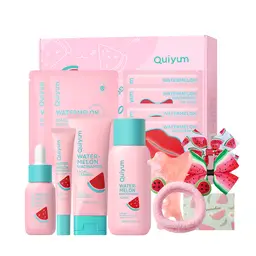 QUIYUM   New Year Gift Watermelon Skincare Set (13pcs) - Facial Cleanser 100g, Toner 160ml, Serum 30ml, Eye Cream 20g, Eye Mask 6g×2, Lip Mask 6g×2, Face Mask 25g×2, with Hair Band, Facial Massage Comb, Hair Clips×2, Valentines gift