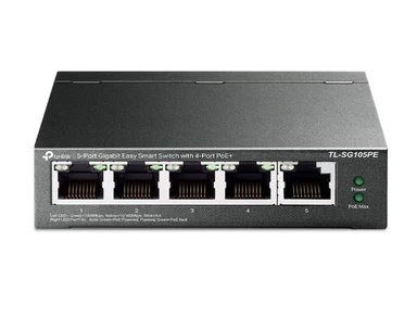 TP-LINK TL-SG105PE 5-Port Gigabit Easy Smart Switch, 4× PoE+-Ports (65 W), VLAN, QoS, IGMP, lüfterloses Metallgehäuse, Schwarz