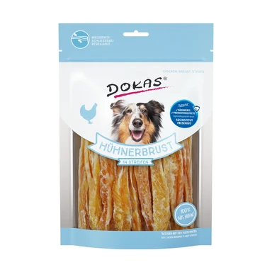 Dokas – Hühnerbrust in Streifen 250 g – luftgetrockneter, fettarmer Hundesnack – hochproteinhaltig (57%), getreidefrei, ohne Zuckerzusatz