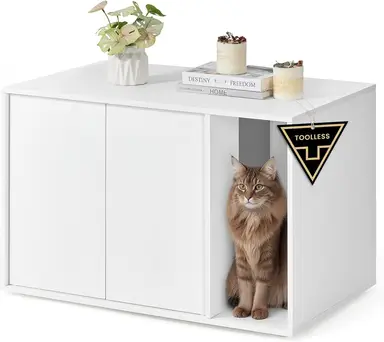 SONGMICS HOME Blitzschnelle montagefreie Montage, Katzenstreu-Box-Verkleidung, versteckte Katzenstreu-Box-Möbel, Katzenhaus für große Katzen, Druck-Öffnungstüren, Seitentisch, minimalistisch modern, Snow White PCL013W01