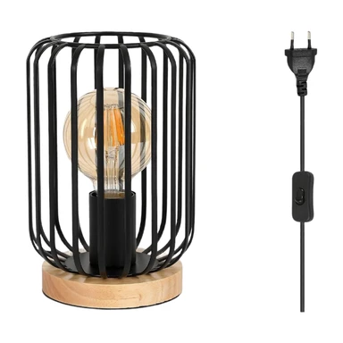 Goeco Vintage Industrielle Tischlampe Metall & Holz Käfig Schwarze Nachttischlampe mit Schalter E27 Fassung für Schlafzimmer Wohnzimmer Büro 60W Max