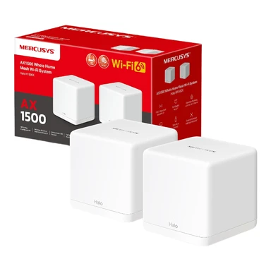 MERCUSYS Halo H1500X Wi-Fi 6 Mesh WLAN Set (2er-Pack), AX1500 Dual-Band Router & Repeater, Gigabit-Port, empfohlen für Häuser mit 2-3 Schlafzimmern, nahtloses Roaming, MERCUSYS App