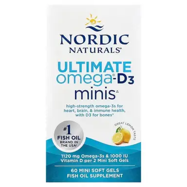 Nordic Naturals Omega-3 Fish Oil Heart & Brain Support + Vitamin D3 Ultimate 2X Mini 1120mg Lemon Flavour - 60 Mini Softgels