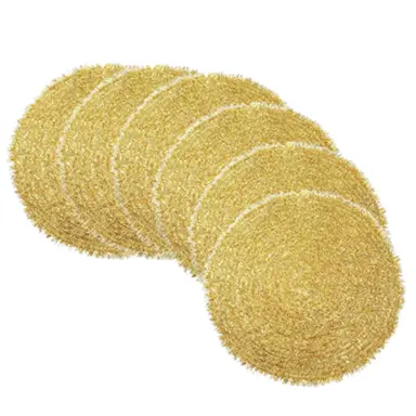 Polyester shiny silk fluffy placemat Gold，Round 38cm Placemats Set of 6 Braided Woven Placemats Washbale Table Placemats Round Heat Resistant Table Mats for Kitchen Dining Table Home Restaurant