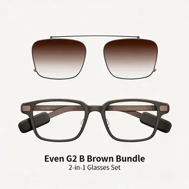 Even Realities - Even G2 B Braun (Rechteckig) + Clip & Pouch Braun Rechteckiges Bundle - Alltagsgerechte Display-Smart-Glasses mit Clip-Sonnenblende, Kamerafrei, Datenschutz-First, 2-Tage-Akku, Leistungsstarke Funktionen zur Erweiterung Ihrer Sicht und zum Ermöglichen Ihres Tages (Conversate | Übersetzen | Teleprompt | Even AI | Gesundheit | Navigation | Dashboard | Benachrichtigung | QuickList)