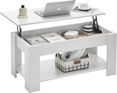 CLIPOP White Lift Top Coffee Table Wooden Sofa Side Tea Table with Hidden and Open Storage Shelf, Extendable Center Table for Living Room