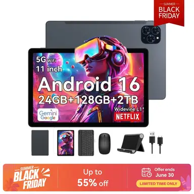TABWEE T90 Tablet Android 16 11 Zoll, 24GB (8+16) RAM + 128GB ROM (2TB TF), 5G WiFi, mit Stift/Maus/Tastatur, 8000mAh/16MP + 8MP/Widevine L1/Gemini AI