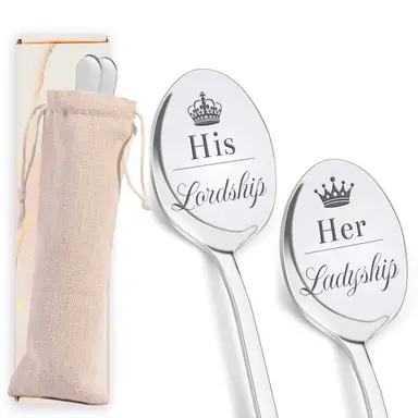 Alphynix 2PC Playful Aristocratic Spoon Set, Stainless Steel Spoons Featuring "Lordship/Ladyship" Titles and Crown Symbols, Ideal for Anniversary or Wedding Gift