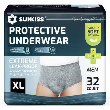 SUNKISS Incontinence Underwear for Men,Daytime Disposable Adult Pull Ups,Mens Protective Briefs with Maximum Absorbency, XLarge, Grey, 32 Count