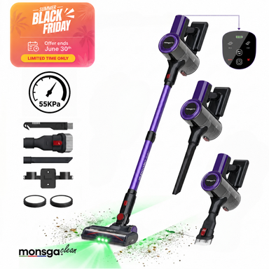 [Summer Deals - €68,99 met Gratis Next-Day Delivery] monsga M100 Paarse Draadloze Stofzuiger, 55000 Pa 50 Minuten Stofzuigers voor Thuis, Touch Display, Groen Licht Reval Stof, Anti-Klit Steelstofzuiger Zelfstaand, Stofzuiger Draadloos Oplaadbaar voor Huisdierenhaar/Tapijt