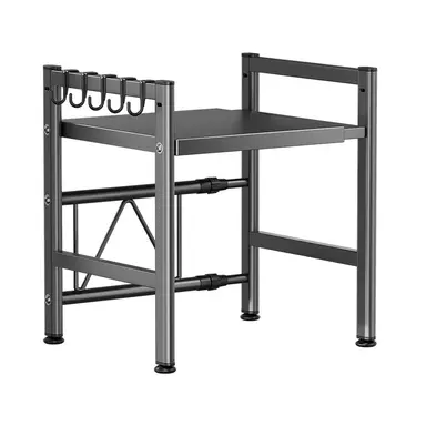 Maxcook uitschuifbaar magnetronrek met twee niveaus voor op het aanrecht - Opberger voor keukengerei en bestek, magnetron bovenrek van koolstofstaal, met 5 haken 39~62*33*47 cm Grijs Model: MCZW1185