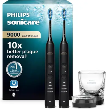 Philips Sonicare DiamondClean 9000 elektrische Zahnbürste, Schallzahnbürste mit App, Andruckkontrolle, 4 Putzmodi, 3 Intensitätsstufen, Ladeglas, schwarz, Zweierpack, HX9914/54